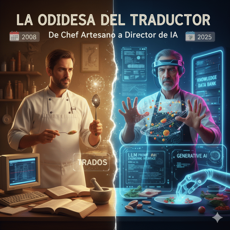 Evolución de un traductor de 2008 a 2025, pasando de un chef artesano a un director de IA que maneja interfaces futuristas.
