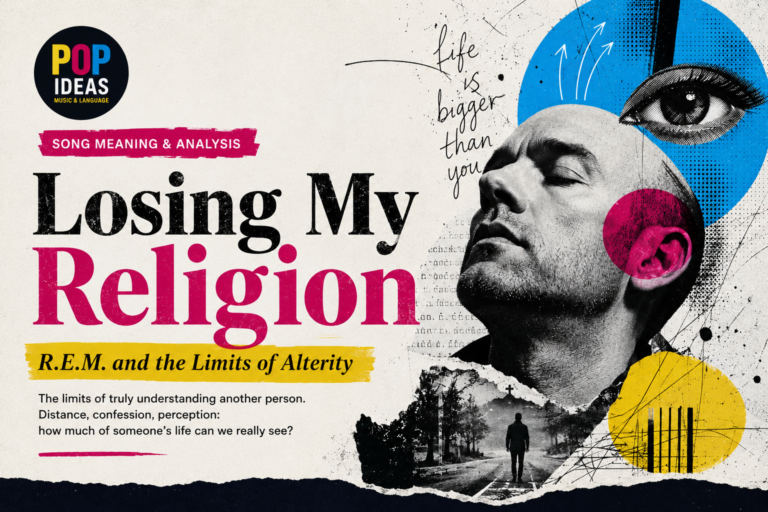 Wide editorial collage for “Losing My Religion Meaning” by R.E.M., with a reflective figure, symbolic eye, bold typography, and visual elements about alterity, confession, and emotional distance.